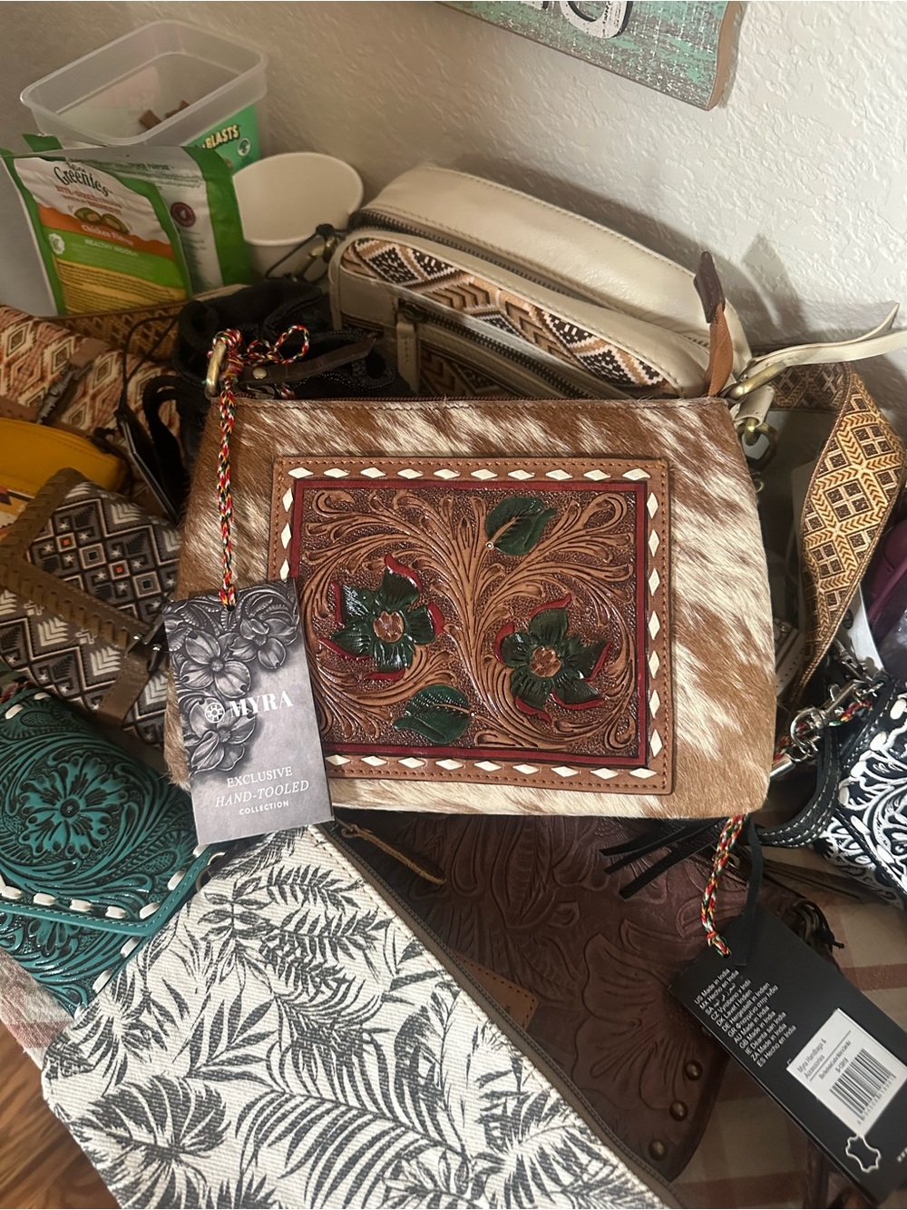 Myra Bag Brown and Green Hand-Tooled Floral Crossbody